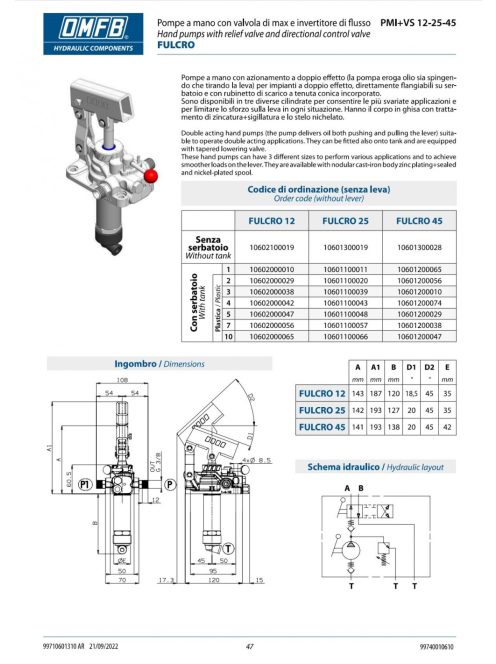 HIDRAULIKUS KÉZIPUMPA OMFB PMI25+VS+1L TANK